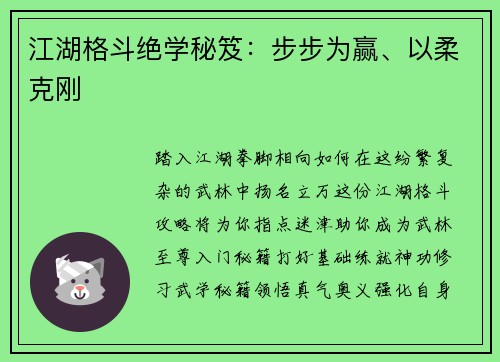 江湖格斗绝学秘笈：步步为赢、以柔克刚